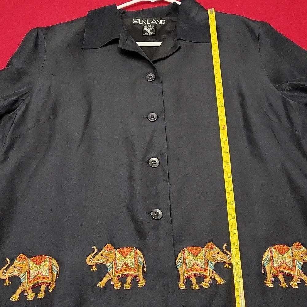 SILKLAND 100% Silk Black Jacket Button Up Embroidered Elephants Size‎ 16 Women's